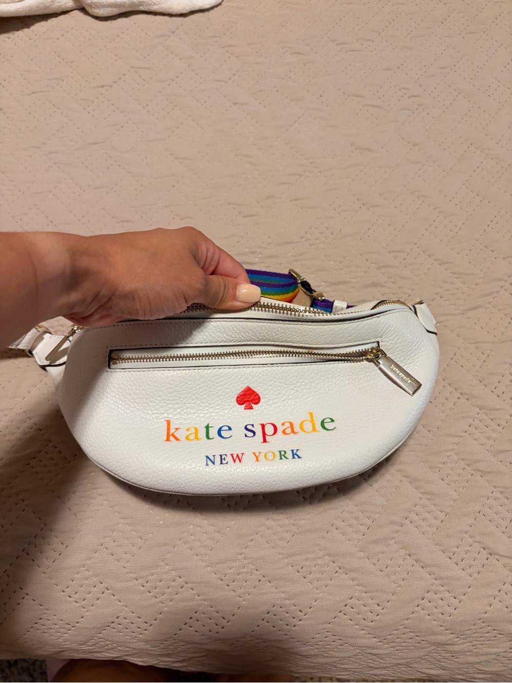 kate spade White Leather Crossbody Belt Bag with Rainbow Logo